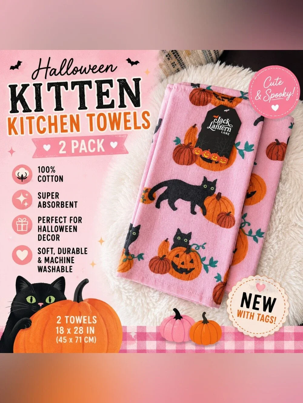 🎃 NWT Halloween Kitten Pumpkin Kitchen Towels 2 Pack | Pink Cat Decor